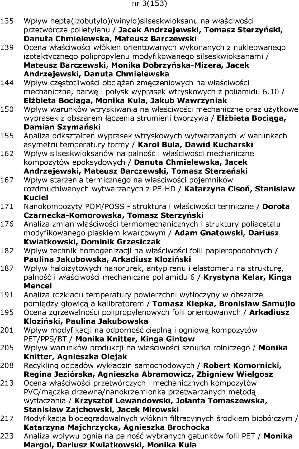 Chmielewska 144 Wpływ częstotliwości obciążeń zmęczeniowych na właściwości mechaniczne, barwę i połysk wyprasek wtryskowych z poliamidu 6.