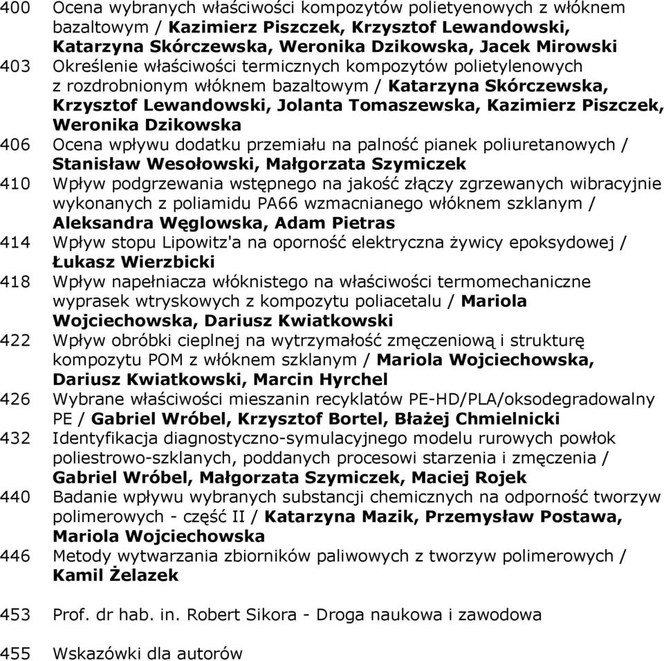 Ocena wpływu dodatku przemiału na palność pianek poliuretanowych / Stanisław Wesołowski, Małgorzata Szymiczek 410 Wpływ podgrzewania wstępnego na jakość złączy zgrzewanych wibracyjnie wykonanych z