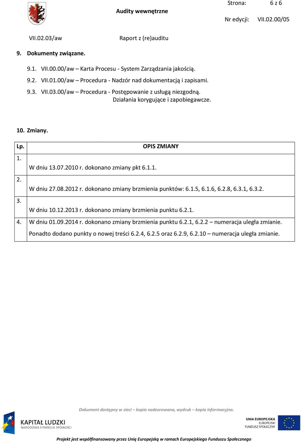 OPIS ZMIANY 1. W dniu 13.07.2010 r. dokonano zmiany pkt 6.1.1. 2. W dniu 27.08.2012 r. dokonano zmiany brzmienia punktów: 6.1.5, 6.1.6, 6.2.8, 6.3.1, 6.3.2. 3. W dniu 10.12.2013 r.