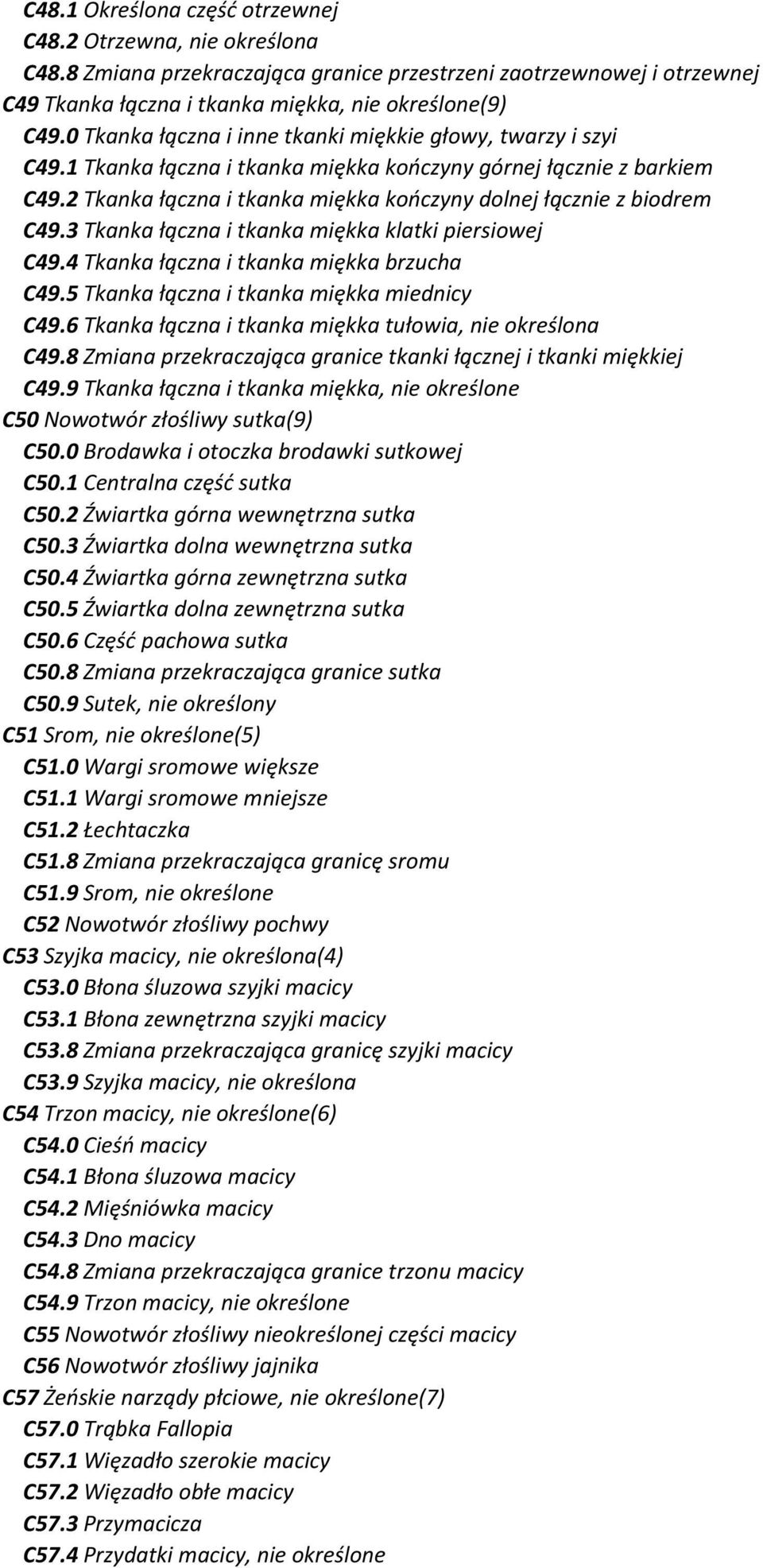 2 Tkanka łączna i tkanka miękka kończyny dolnej łącznie z biodrem C49.3 Tkanka łączna i tkanka miękka klatki piersiowej C49.4 Tkanka łączna i tkanka miękka brzucha C49.