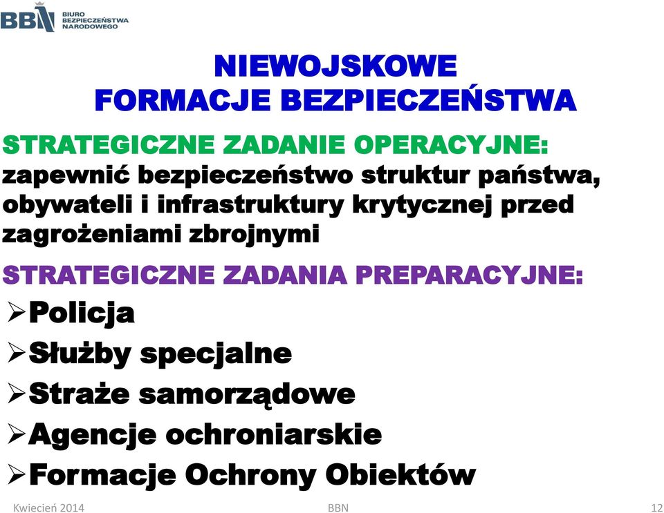 zagrożeniami zbrojnymi STRATEGICZNE ZADANIA PREPARACYJNE: Policja Służby