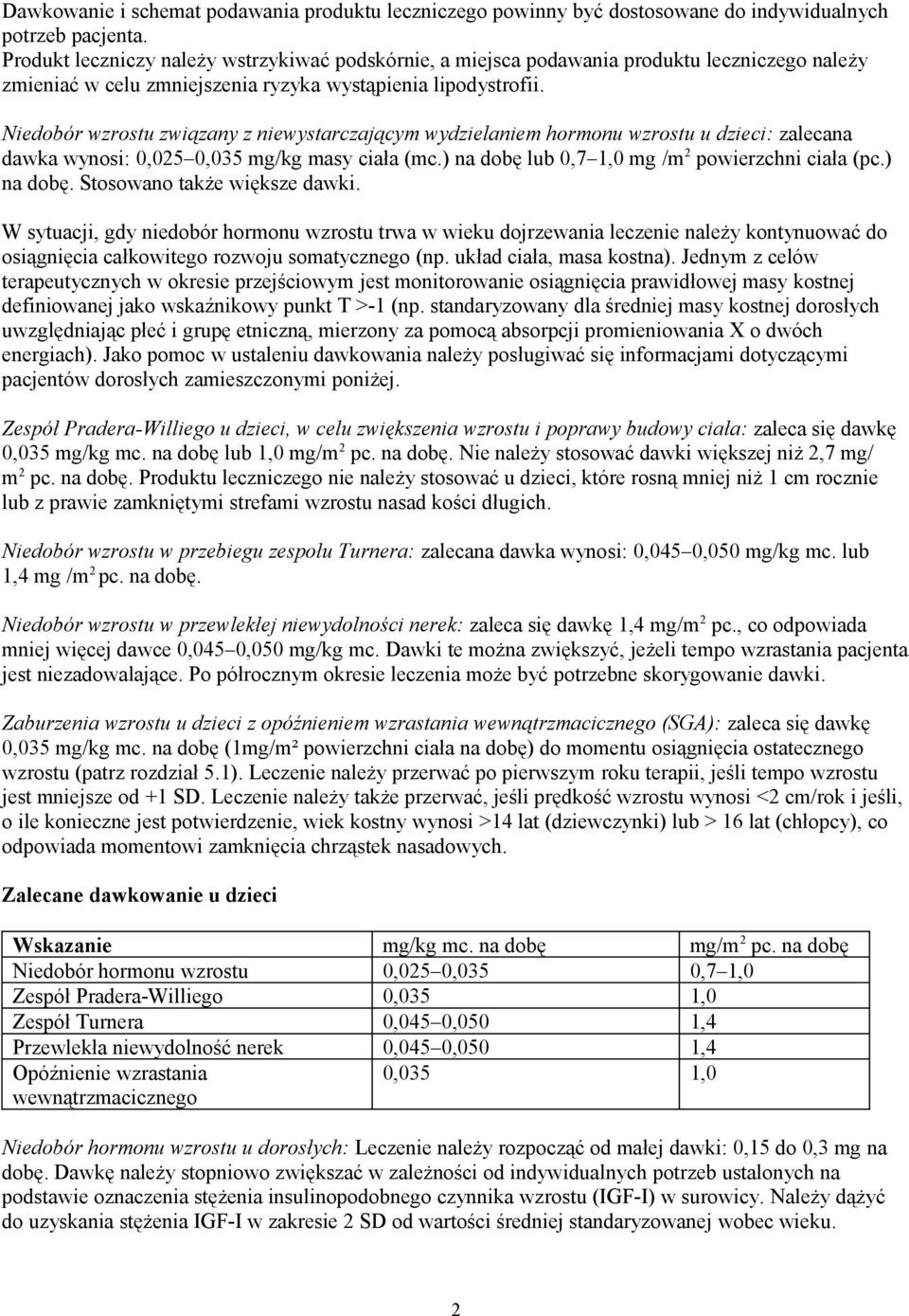 Niedobór wzrostu związany z niewystarczającym wydzielaniem hormonu wzrostu u dzieci: zalecana dawka wynosi: 0,025 0,035 mg/kg masy ciała (mc.) na dobę lub 0,7 1,0 mg /m 2 powierzchni ciała (pc.