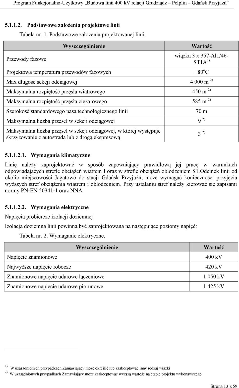 wiatrowego 450 m 2) Maksymalna rozpiętość przęsła ciężarowego 585 m 2) Szerokość standardowego pasa technologicznego linii Maksymalna liczba przęseł w sekcji odciągowej 9 2) Maksymalna liczba przęseł