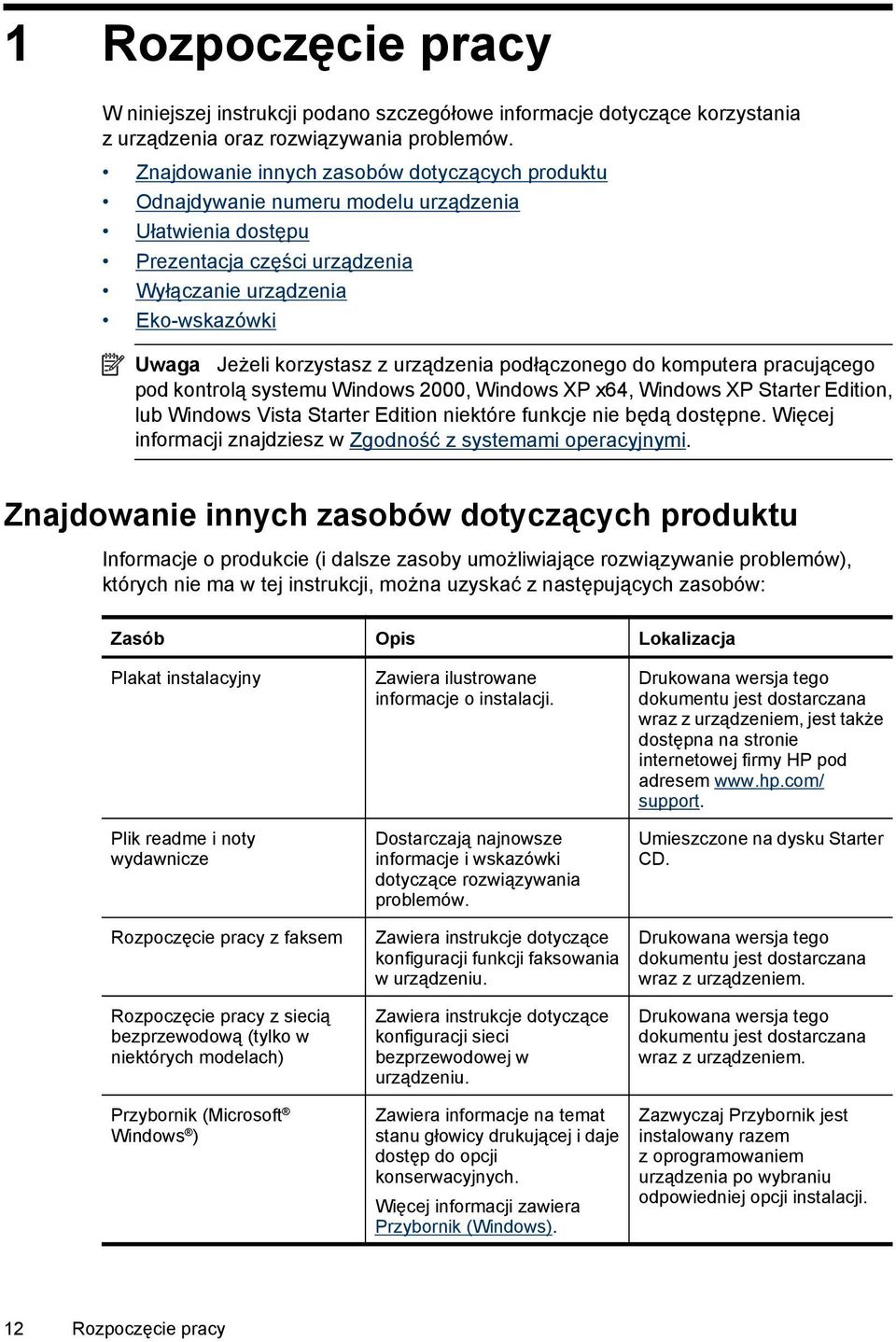 urządzenia podłączonego do komputera pracującego pod kontrolą systemu Windows 2000, Windows XP x64, Windows XP Starter Edition, lub Windows Vista Starter Edition niektóre funkcje nie będą dostępne.