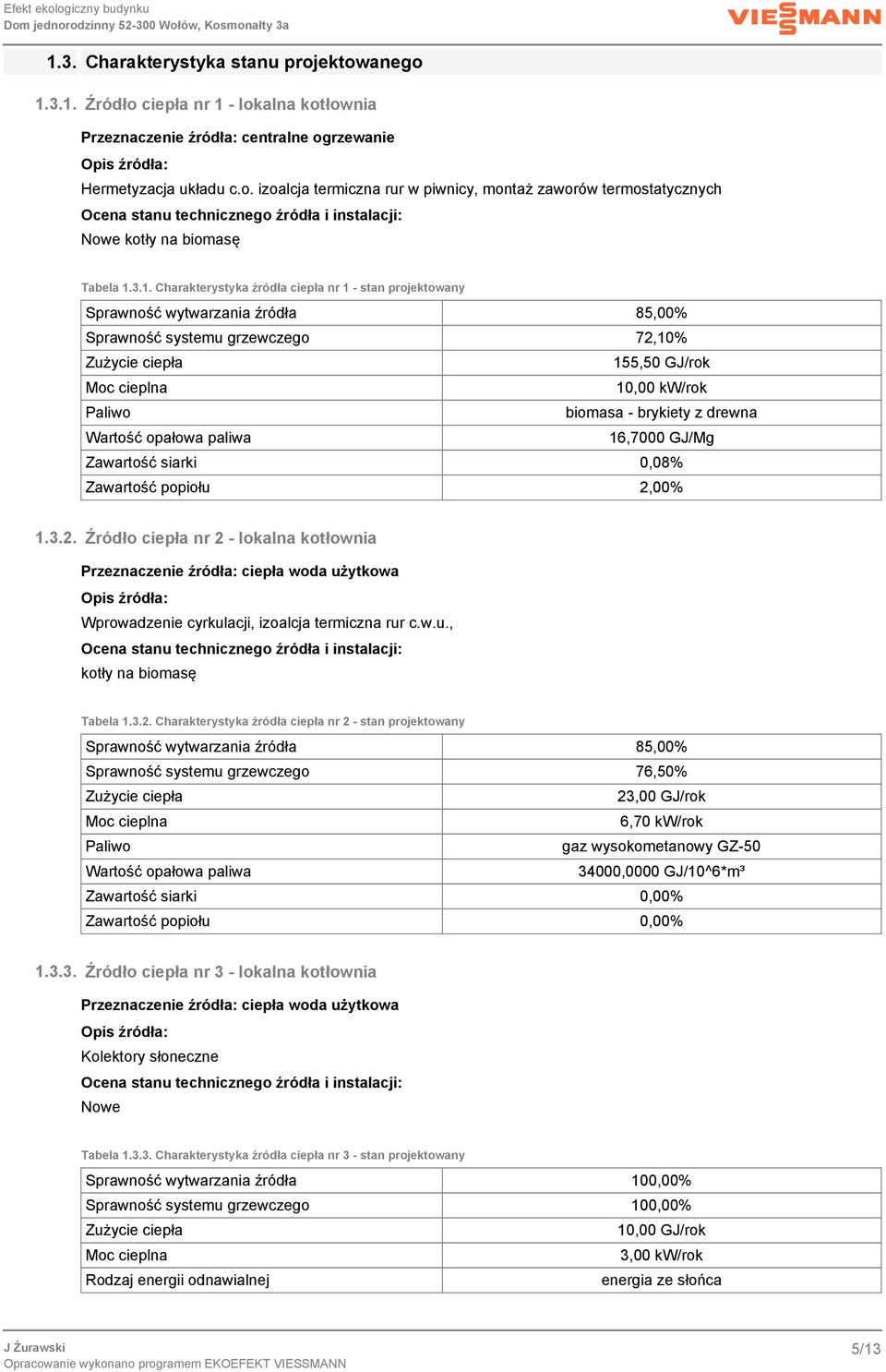 3.1. Charakterystyka źródła ciepła nr 1 - stan projektowany Sprawność wytwarzania źródła 85,00% Sprawność systemu grzewczego 7,10% 155,50 GJ/rok Moc cieplna 10,00 kw/rok Paliwo biomasa - brykiety z