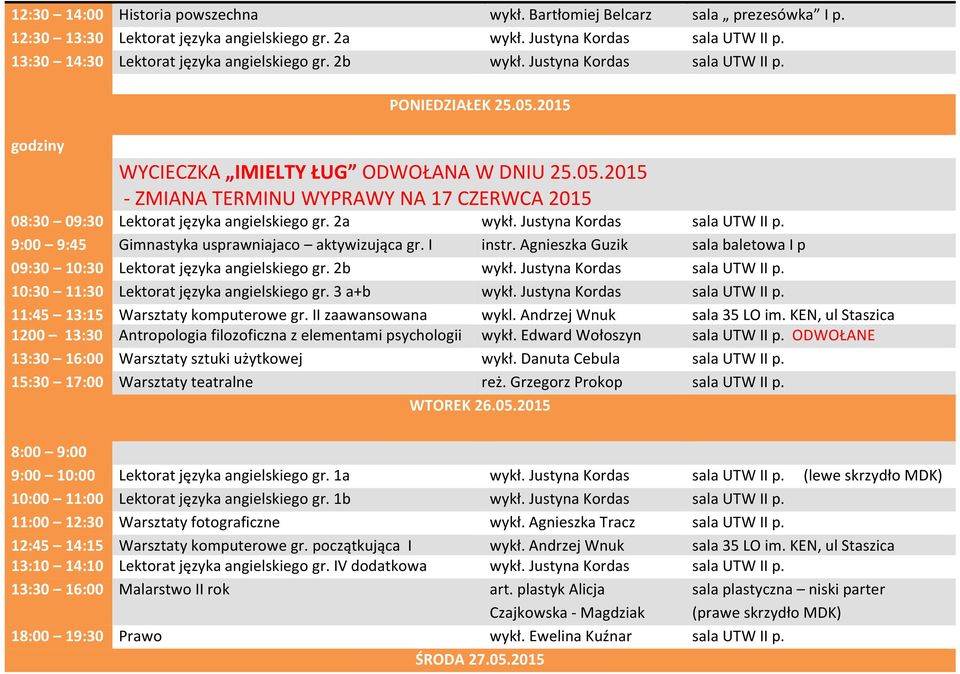 2015 WYCIECZKA IMIELTY ŁUG ODWOŁANA W DNIU 25.05.2015 - ZMIANA TERMINU WYPRAWY NA 17 CZERWCA 2015 08:30 09:30 Lektorat języka angielskiego gr. 2a wykł. Justyna Kordas sala UTW II p.