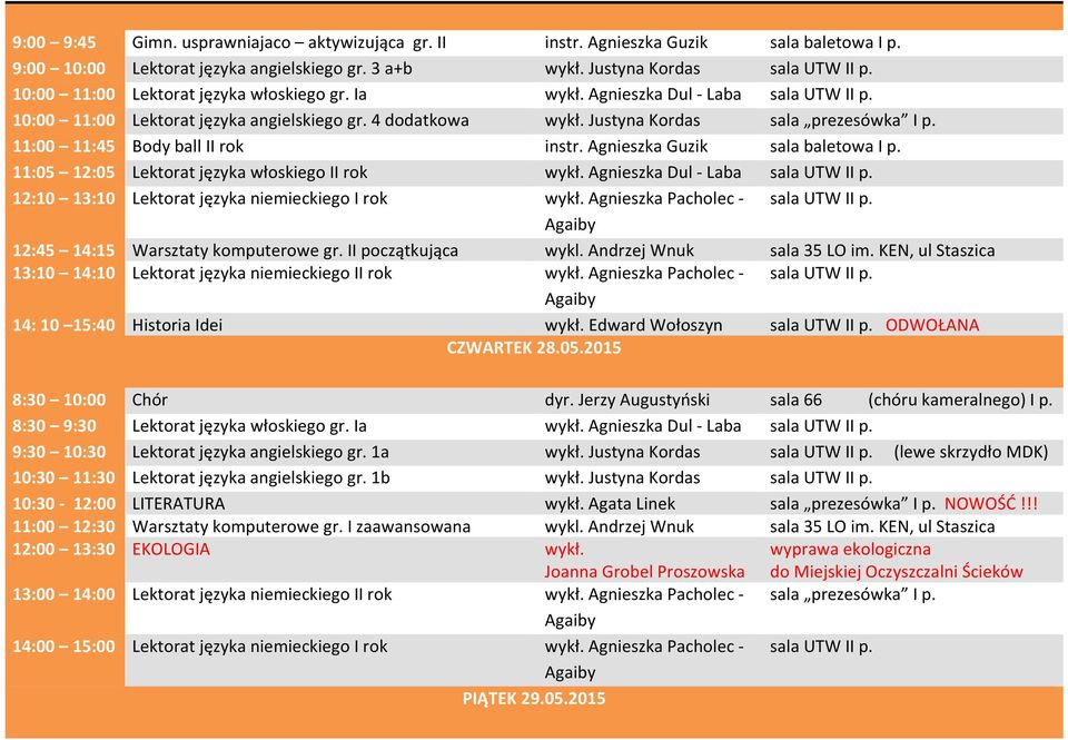 11:00 11:45 Body ball II rok instr. Agnieszka Guzik sala baletowa I p. 11:05 12:05 Lektorat języka włoskiego II rok wykł. Agnieszka Dul - Laba sala UTW II p.