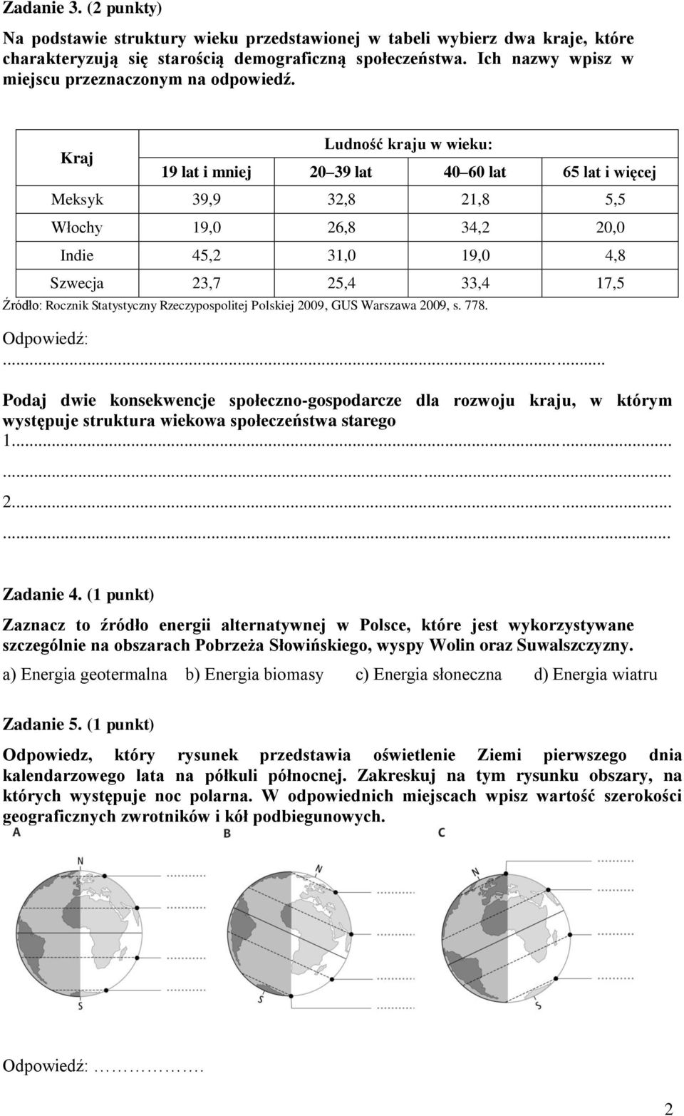 Kraj Ludność kraju w wieku: 19 lat i mniej 20 39 lat 40 60 lat 65 lat i więcej Meksyk 39,9 32,8 21,8 5,5 Włochy 19,0 26,8 34,2 20,0 Indie 45,2 31,0 19,0 4,8 Szwecja 23,7 25,4 33,4 17,5 Źródło: