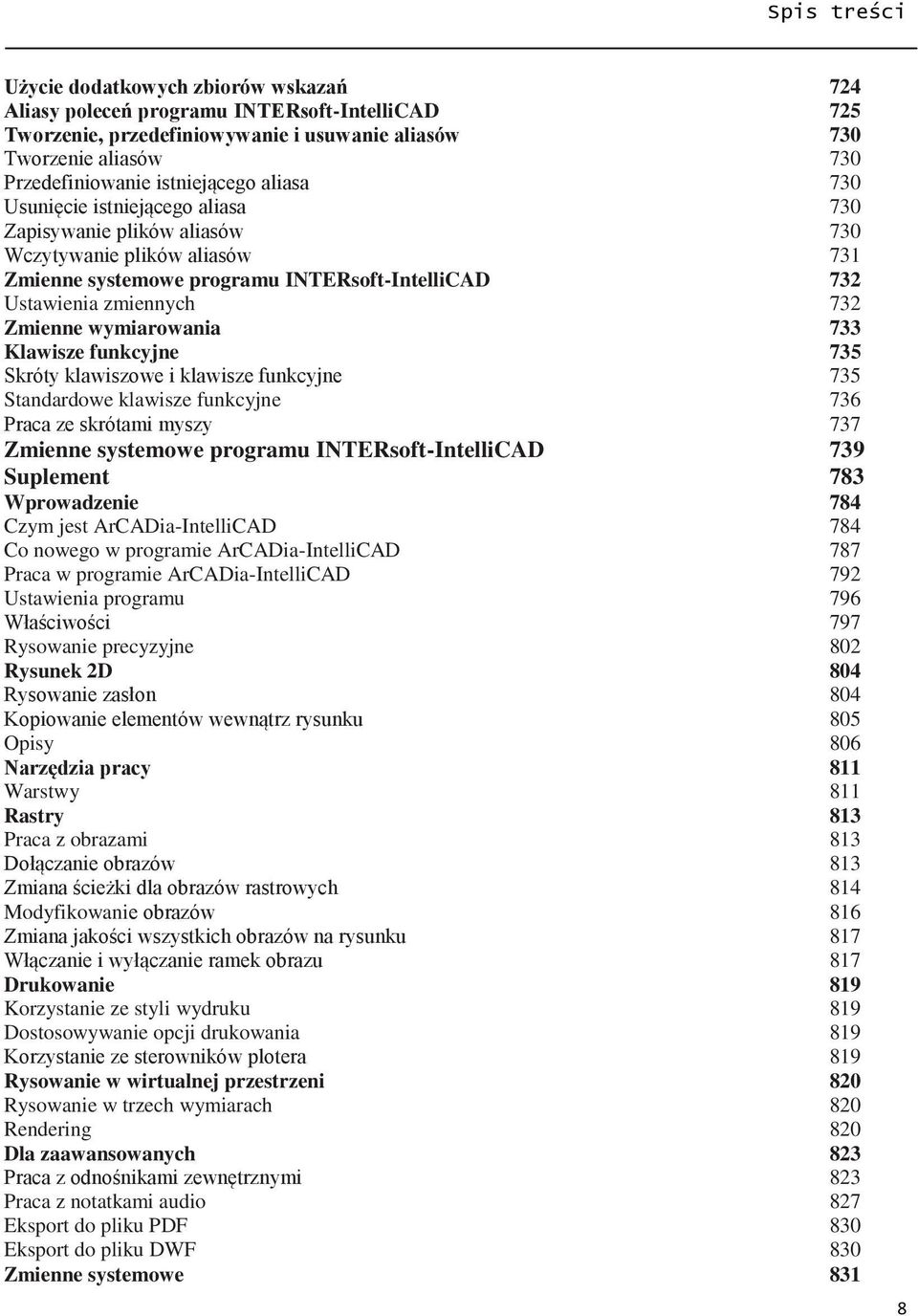 733 Klawisze funkcyjne 735 Skróty klawiszowe i klawisze funkcyjne 735 Standardowe klawisze funkcyjne 736 Praca ze skrótami myszy 737 Zmienne systemowe programu INTERsoft-IntelliCAD 739 Suplement 783
