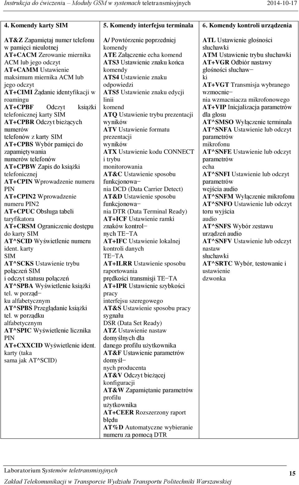 do książki telefonicznej AT+CPIN Wprowadzenie numeru PIN AT+CPIN2 Wprowadzenie numeru PIN2 AT+CPUC Obsługa tabeli taryfikatora AT+CRSM Ograniczenie dostępu do karty SIM AT^SCID Wyświetlenie numeru