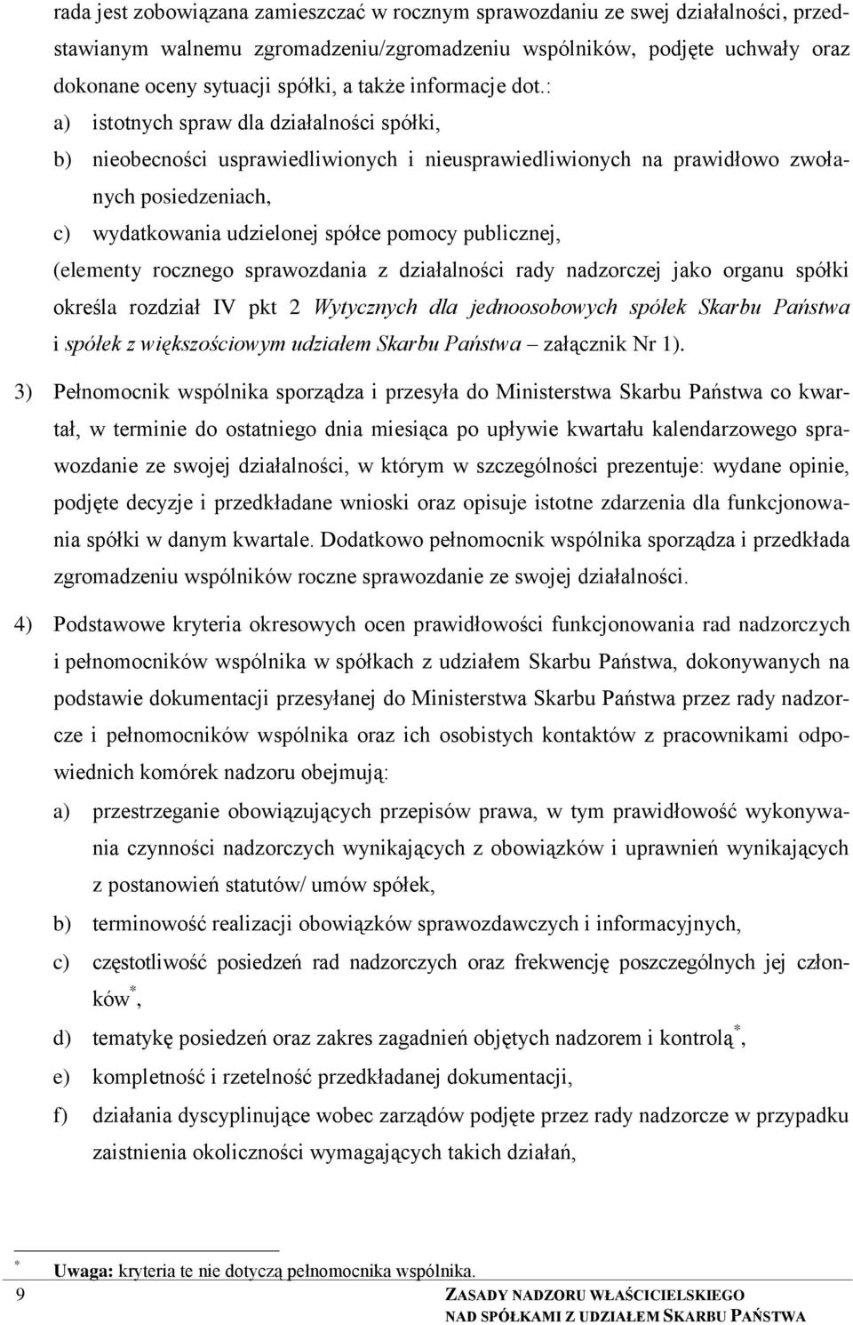 : a) istotnych spraw dla działalności spółki, b) nieobecności usprawiedliwionych i nieusprawiedliwionych na prawidłowo zwołanych posiedzeniach, c) wydatkowania udzielonej spółce pomocy publicznej,