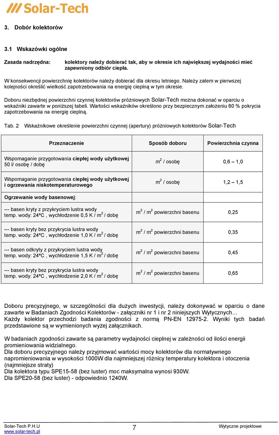 Doboru niezbędnej powierzchni czynnej kolektorów próżniowych Solar-Tech można dokonać w oparciu o wskaźniki zawarte w poniższej tabeli.