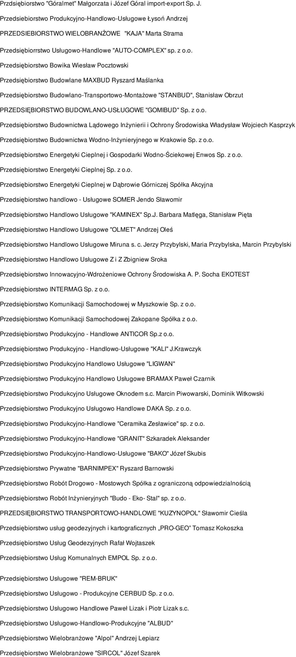 z o.o. Przedsiębiorstwo Bowika Wiesław Pocztowski Przedsiębiorstwo Budowlane MAXBUD Ryszard Maślanka Przedsiębiorstwo Budowlano-Transportowo-Montażowe "STANBUD", Stanisław Obrzut PRZEDSIĘBIORSTWO