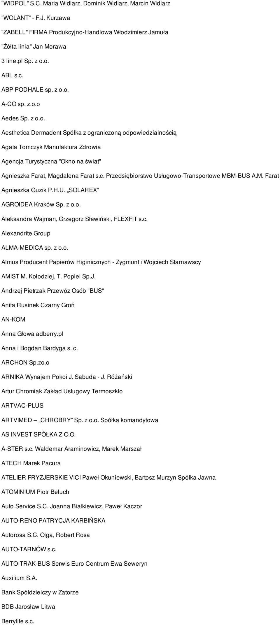 c. Przedsiębiorstwo Usługowo-Transportowe MBM-BUS A.M. Farat Agnieszka Guzik P.H.U. SOLAREX AGROIDEA Kraków Sp. z o.o. Aleksandra Wajman, Grzegorz Sławiński, FLEXFIT s.c. Alexandrite Group ALMA-MEDICA sp.