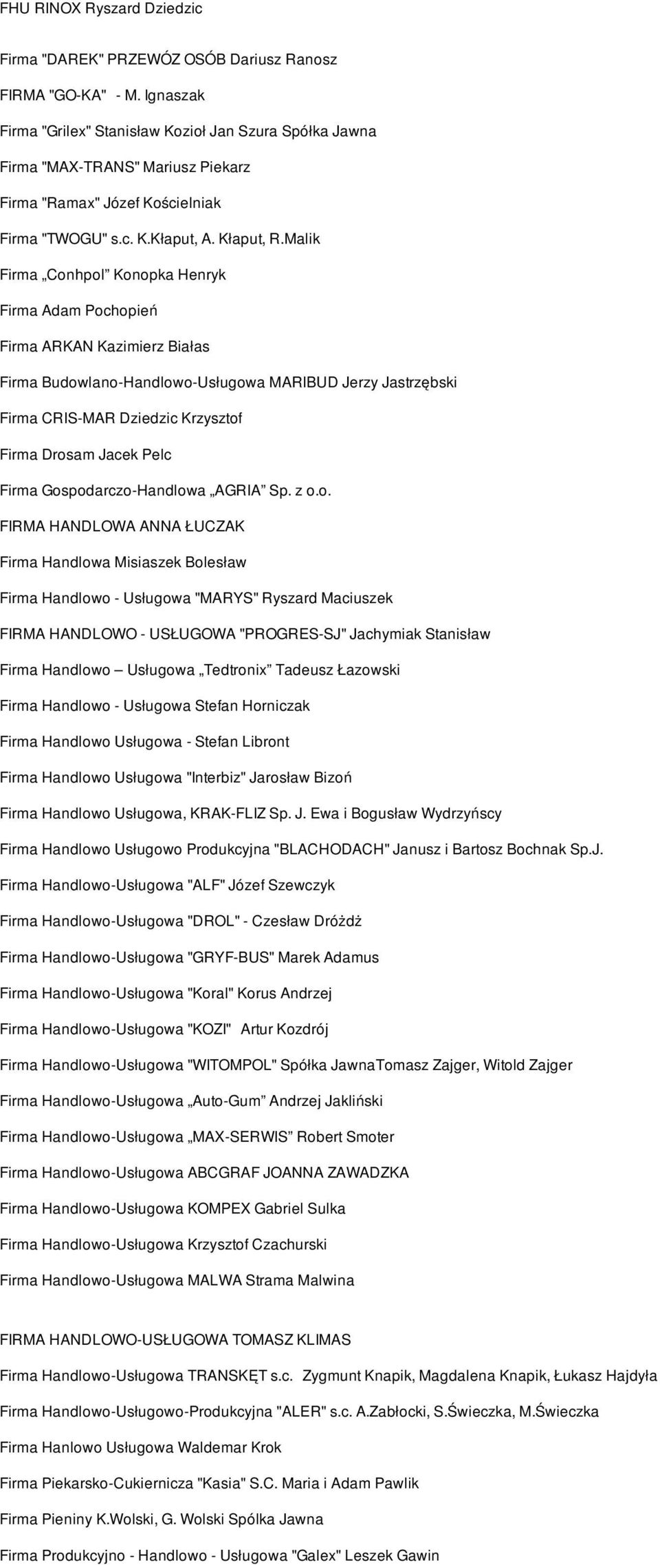 Malik Firma Conhpol Konopka Henryk Firma Adam Pochopień Firma ARKAN Kazimierz Białas Firma Budowlano-Handlowo-Usługowa MARIBUD Jerzy Jastrzębski Firma CRIS-MAR Dziedzic Krzysztof Firma Drosam Jacek