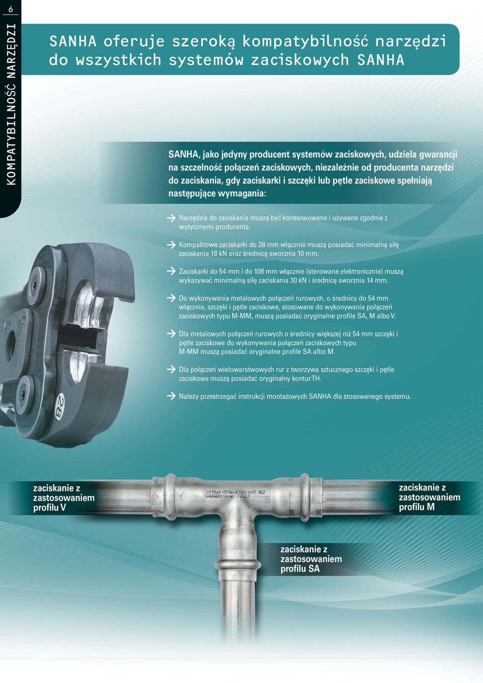 używane zgodnie z wytycznymi producenta. Kompaktowe zaciskarki do 28 mm włącznie muszą posiadać minimalną siłę zaciskania 18 kn oraz średnicę sworznia 10 mm.