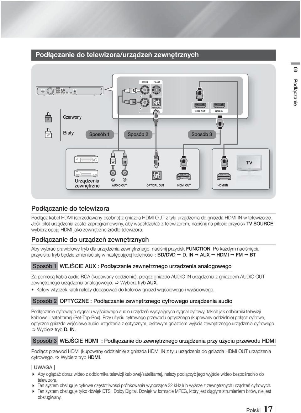 Podłączanie do telewizora Podłącz kabel HDMI (sprzedawany osobno) z gniazda HDMI OUT z tyłu urządzenia do gniazda HDMI IN w telewizorze.