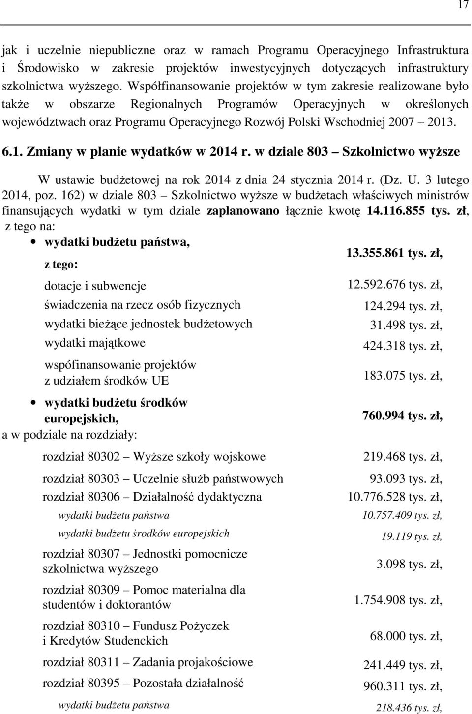 2013. 6.1. Zmiany w planie wydatków w 2014 r. w dziale 803 Szkolnictwo wyższe W ustawie budżetowej na rok 2014 z dnia 24 stycznia 2014 r. (Dz. U. 3 lutego 2014, poz.
