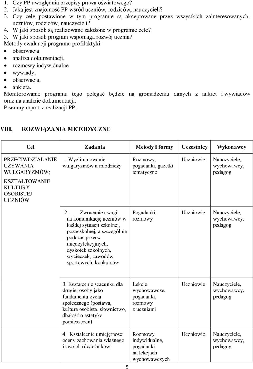 W jaki sposób program wspomaga rozwój ucznia? Metody ewaluacji programu profilaktyki: obserwacja analiza dokumentacji, rozmowy indywidualne wywiady, obserwacja, ankieta.