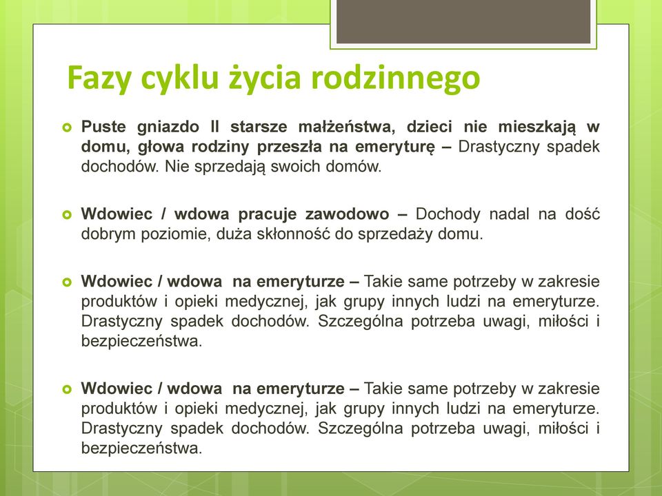 Wdowiec / wdowa na emeryturze Takie same potrzeby w zakresie produktów i opieki medycznej, jak grupy innych ludzi na emeryturze. Drastyczny spadek dochodów.