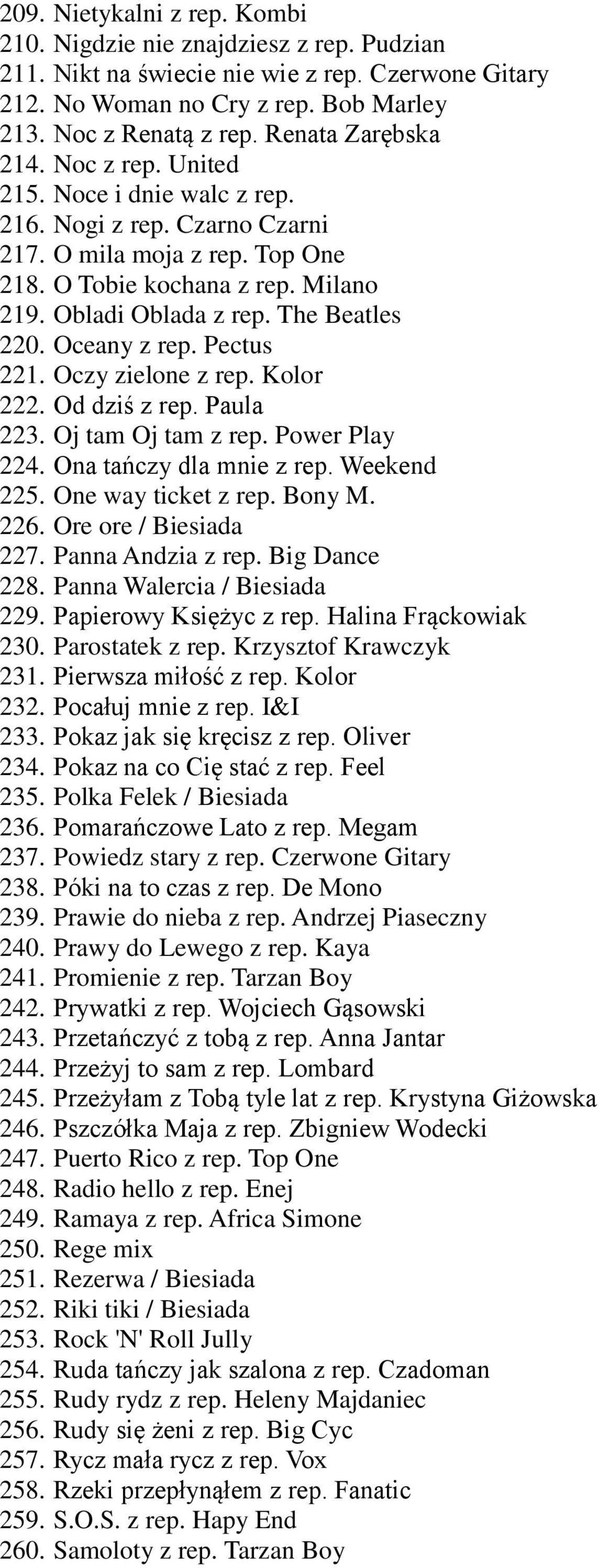 The Beatles 220. Oceany z rep. Pectus 221. Oczy zielone z rep. Kolor 222. Od dziś z rep. Paula 223. Oj tam Oj tam z rep. Power Play 224. Ona tańczy dla mnie z rep. Weekend 225. One way ticket z rep.