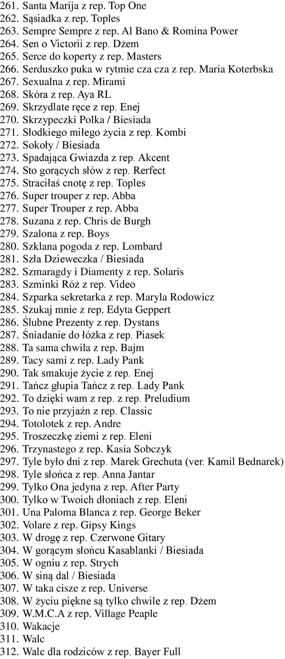 Słodkiego miłego życia z rep. Kombi 272. Sokoły / Biesiada 273. Spadająca Gwiazda z rep. Akcent 274. Sto gorących słów z rep. Rerfect 275. Straciłaś cnotę z rep. Toples 276. Super trouper z rep.