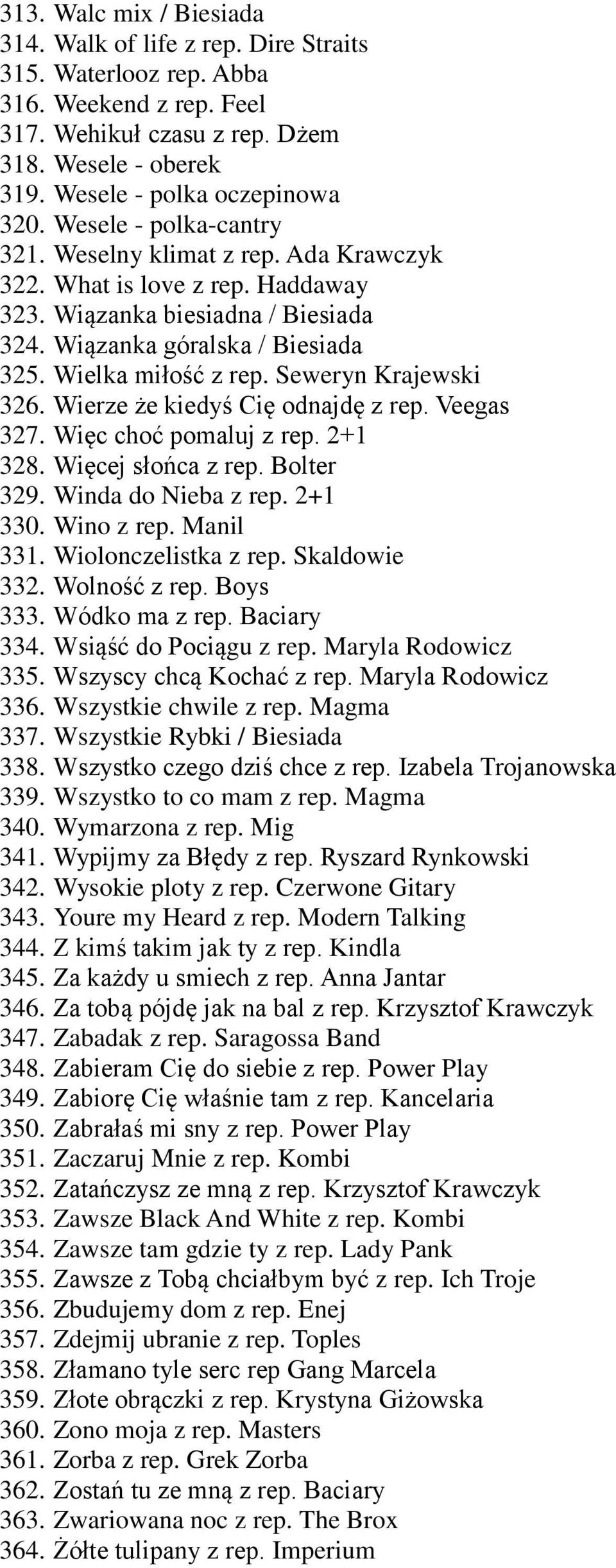 Seweryn Krajewski 326. Wierze że kiedyś Cię odnajdę z rep. Veegas 327. Więc choć pomaluj z rep. 2+1 328. Więcej słońca z rep. Bolter 329. Winda do Nieba z rep. 2+1 330. Wino z rep. Manil 331.