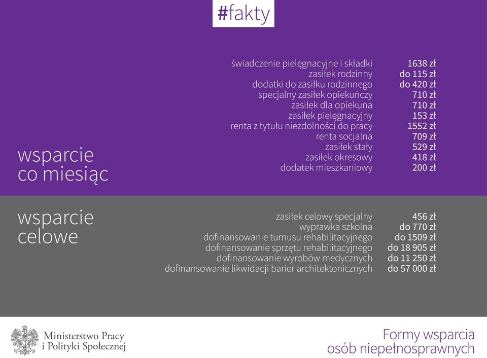 zł 709 zł 529 zł 418 zł 200 zł wsparcie celowe zasiłek celowy specjalny wyprawka szkolna dofinansowanie turnusu rehabilitacyjnego dofinansowanie sprzętu rehabilitacyjnego