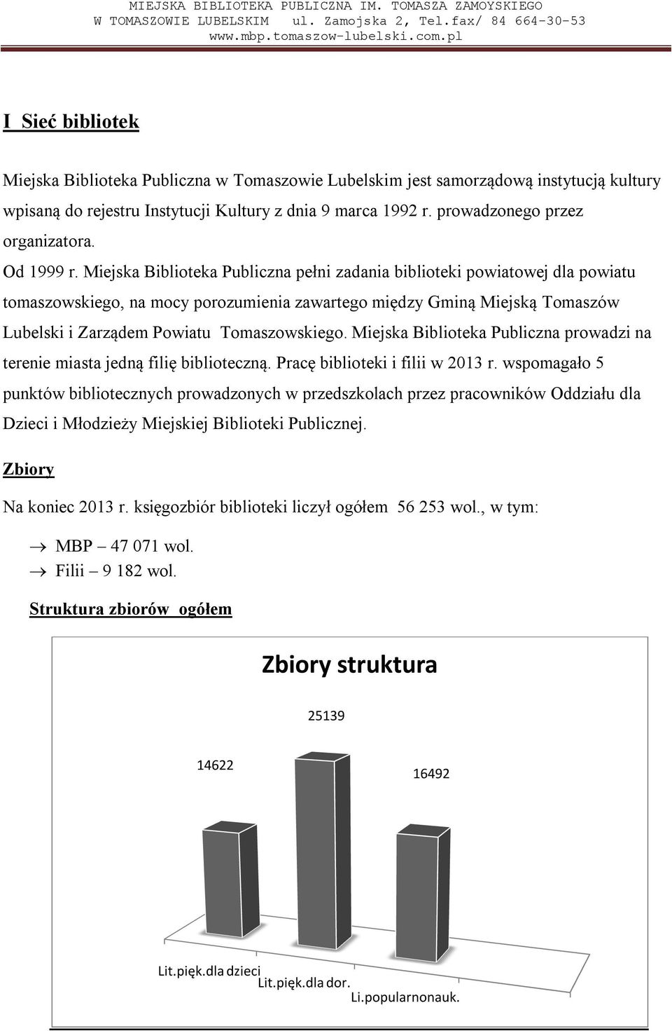 Miejska Biblioteka Publiczna pełni zadania biblioteki powiatowej dla powiatu tomaszowskiego, na mocy porozumienia zawartego między Gminą Miejską Tomaszów Lubelski i Zarządem Powiatu Tomaszowskiego.