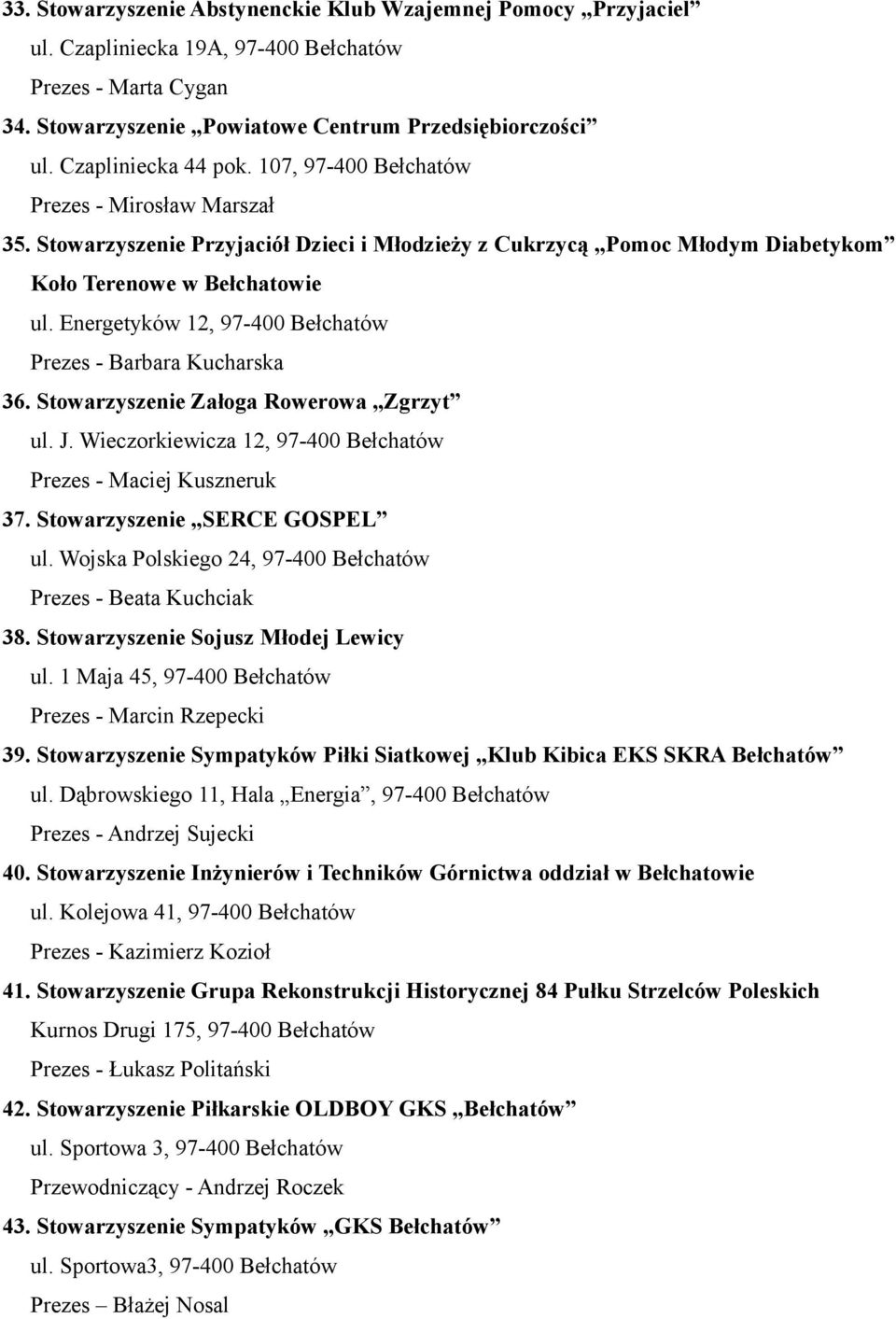 Energetyków 12, 97-400 Bełchatów Prezes - Barbara Kucharska 36. Stowarzyszenie Załoga Rowerowa Zgrzyt ul. J. Wieczorkiewicza 12, 97-400 Bełchatów Prezes - Maciej Kuszneruk 37.
