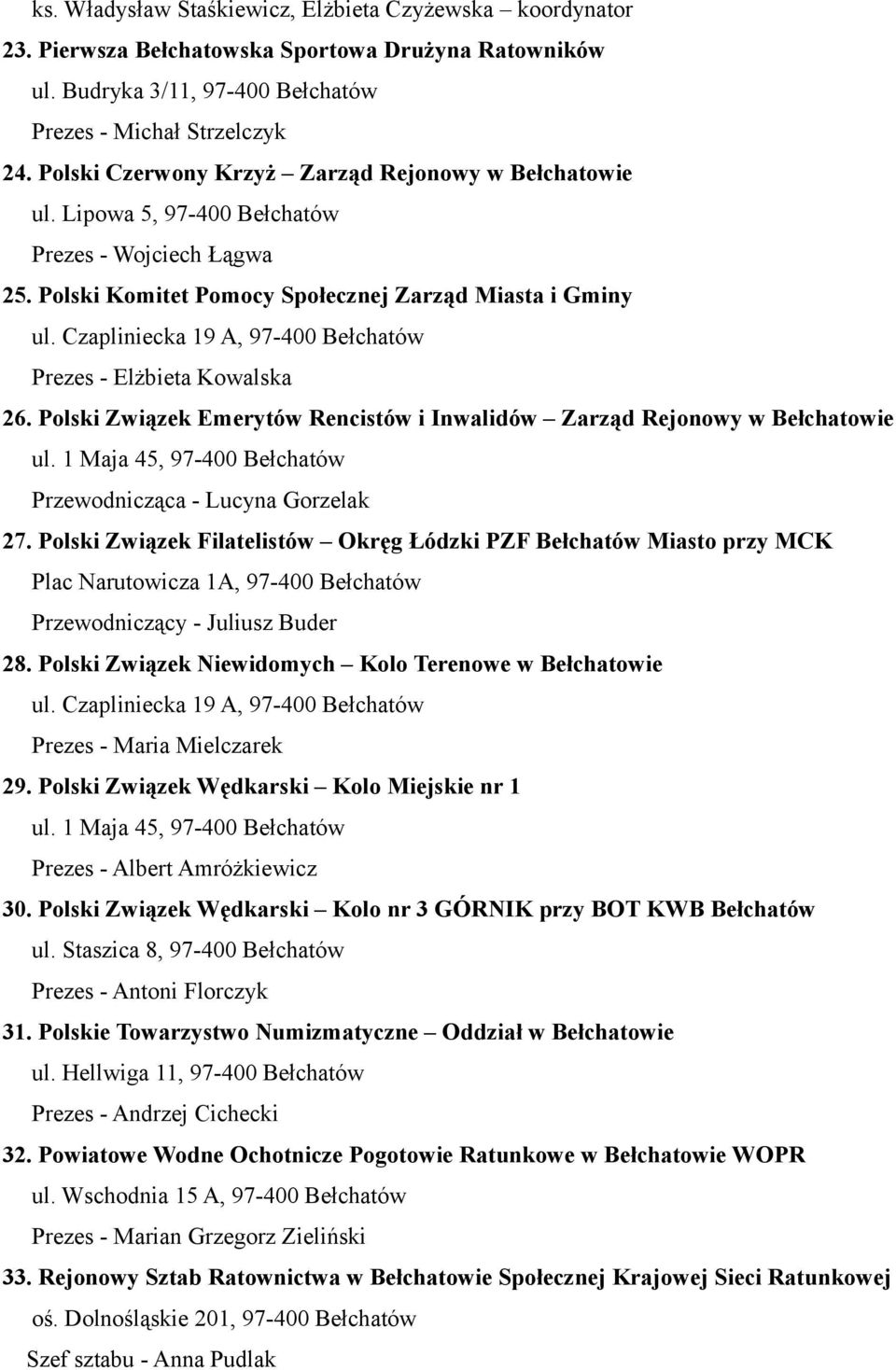 Czapliniecka 19 A, 97-400 Bełchatów Prezes - Elżbieta Kowalska 26. Polski Związek Emerytów Rencistów i Inwalidów Zarząd Rejonowy w Bełchatowie Przewodnicząca - Lucyna Gorzelak 27.