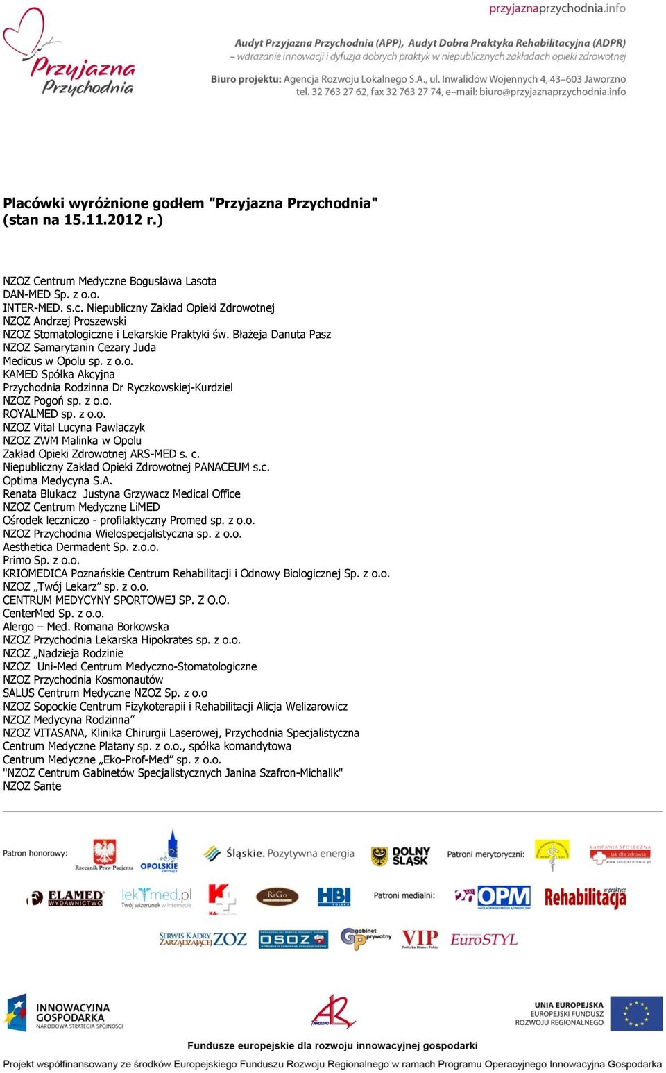 c. Niepubliczny Zakład Opieki Zdrowotnej PANACEUM s.c. Optima Medycyna S.A. Renata Blukacz Justyna Grzywacz Medical Office NZOZ Centrum Medyczne LiMED Ośrodek leczniczo - profilaktyczny Promed sp.