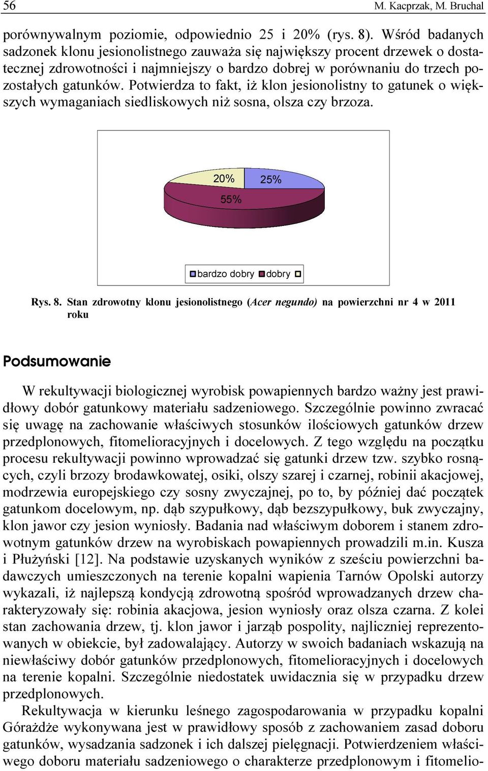 Potwierdza to fakt, iż klon jesionolistny to gatunek o większych wymaganiach siedliskowych niż sosna, olsza czy brzoza. 20% 55% 25% bardzo dobry dobry Rys. 8.