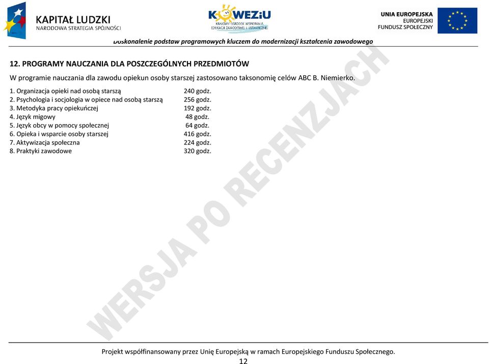 Metodyka pracy opiekuńczej 192 godz. 4. Język migowy 48 godz. 5. Język obcy w pomocy społecznej 64 godz. 6. Opieka i wsparcie osoby starszej 416 godz.