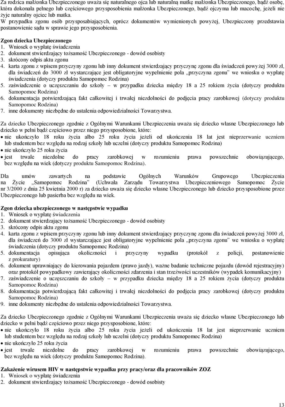 W przypadku zgonu osób przysposabiających, oprócz dokumentów wymienionych powyżej, Ubezpieczony przedstawia postanowienie sądu w sprawie jego przysposobienia. Zgon dziecka Ubezpieczonego 3.