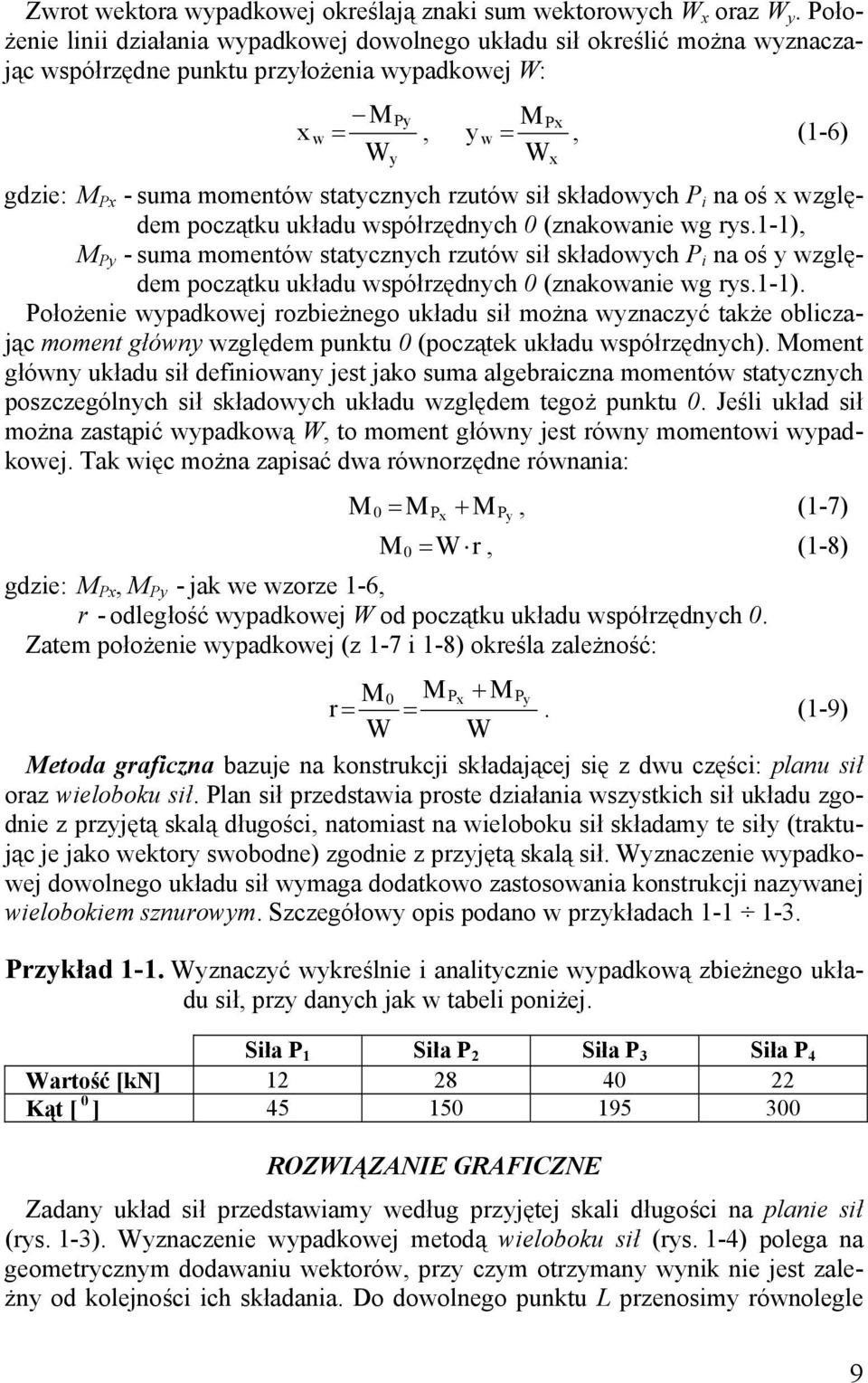 względem początku układu współrzędnch (znakowanie wg rs.), suma momentów statcznch rzutów sił składowch i na oś względem początku układu współrzędnch (znakowanie wg rs.). ołożenie wpadkowej rozbieżnego układu sił można wznaczć także obliczając moment główn względem punktu (początek układu współrzędnch).