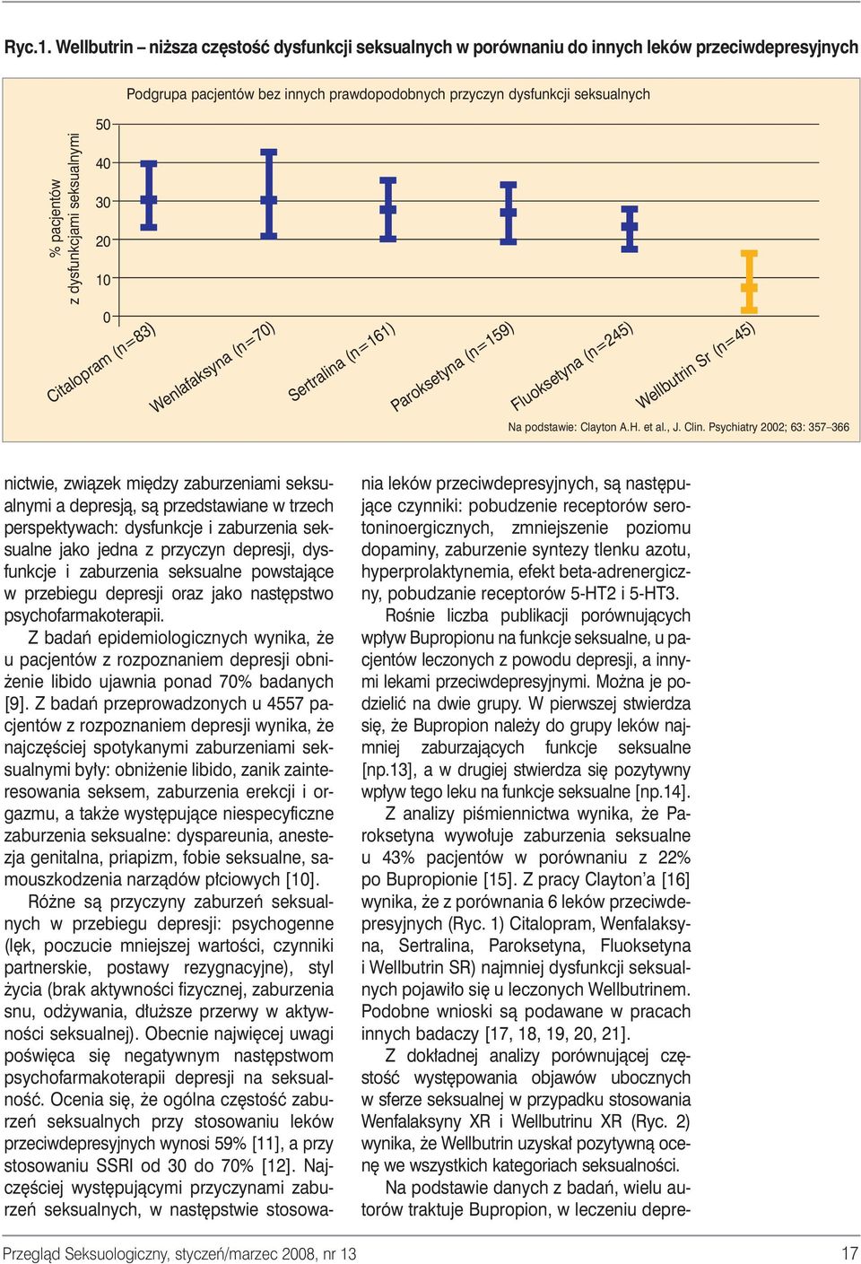 dysfunkcjami seksualnymi 40 30 20 10 0 Citalopram (n=83) Wenlafaksyna (n=70) Sertralina (n=161) Paroksetyna (n=159) Fluoksetyna (n=245) Wellbutrin Sr (n=45) Na podstawie: Clayton A.H. et al., J. Clin.