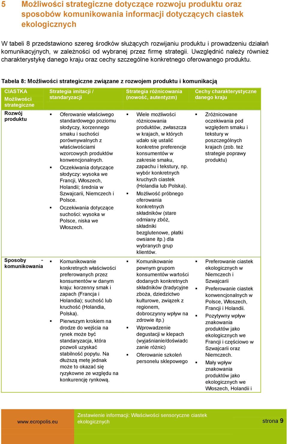 Tabela 8: Możliwości strategiczne związane z rozwojem produktu i komunikacją CIASTKA Możliwości strategiczne Rozwój produktu Strategia imitacji / standaryzacji Strategia różnicowania (nowość,