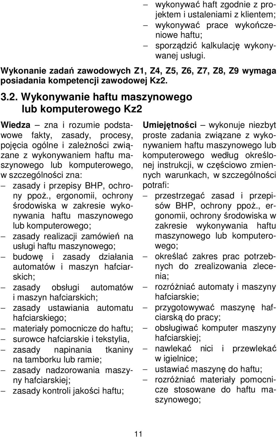 3.2. Wykonywanie haftu maszynowego lub komputerowego Kz2 Wiedza zna i rozumie podstawowe fakty, zasady, procesy, pojęcia ogólne i zależności związane z wykonywaniem haftu maszynowego lub