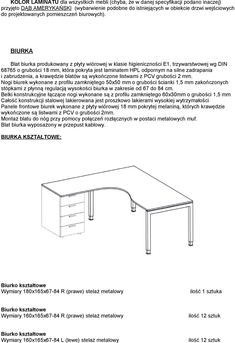 BIURKA Blat biurka produkowany z płyty wiórowej w klasie higieniczności E1, trzywarstwowej wg DIN 68765 o grubości 18 mm, która pokryta jest laminatem HPL odpornym na silne zadrapania i zabrudzenia,