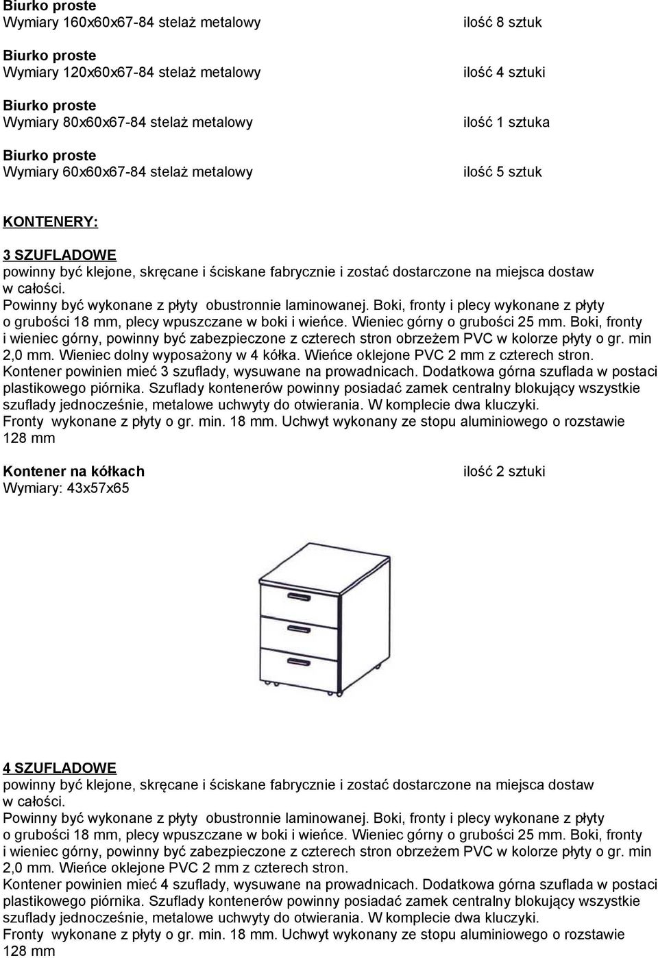 Boki, fronty i plecy wykonane z płyty o grubości 18 mm, plecy wpuszczane w boki i wieńce. Wieniec górny o grubości 25 mm.