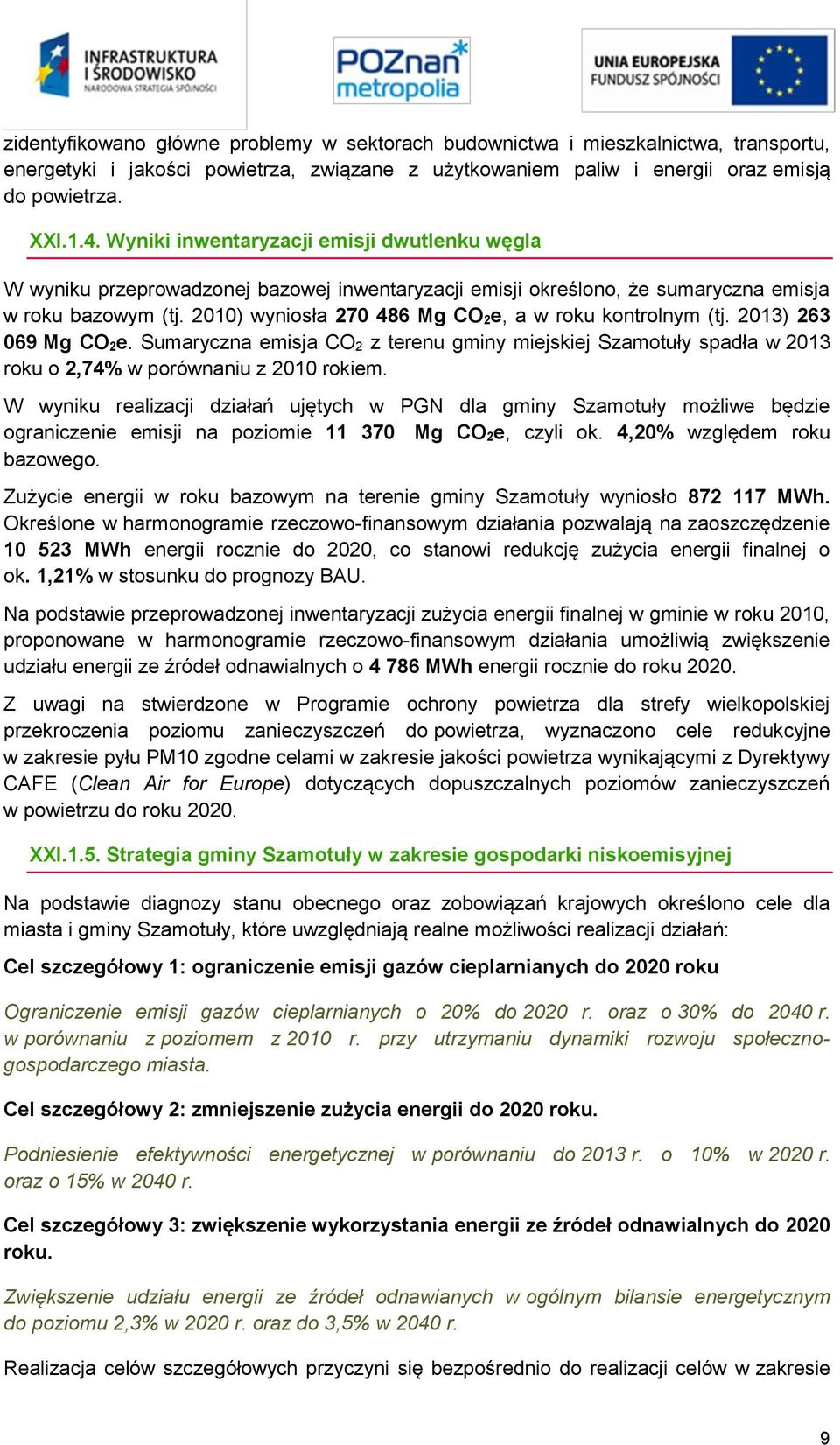 2010) wyniosła 270 486 Mg CO 2e, a w roku kontrolnym (tj. 2013) 263 069 Mg CO 2e. Sumaryczna emisja CO 2 z terenu gminy miejskiej Szamotuły spadła w 2013 roku o 2,74% w porównaniu z 2010 rokiem.