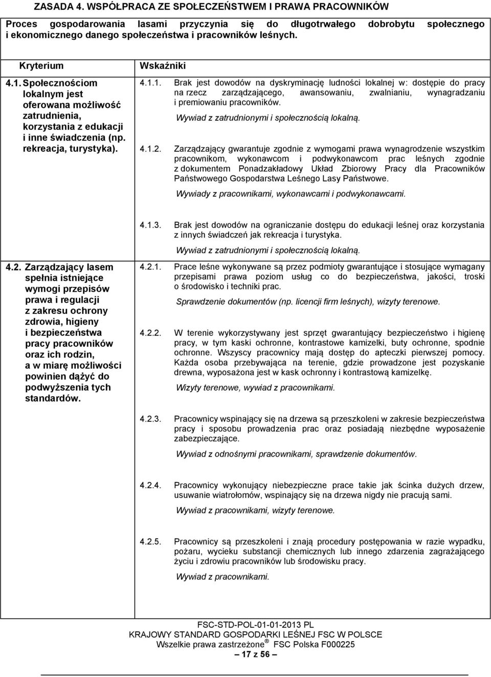 Kryterium 4.1. Społecznościom lokalnym jest oferowana możliwość zatrudnienia, korzystania z edukacji i inne świadczenia (np. rekreacja, turystyka). Wskaźniki 4.1.1. Brak jest dowodów na dyskryminację ludności lokalnej w: dostępie do pracy na rzecz zarządzającego, awansowaniu, zwalnianiu, wynagradzaniu i premiowaniu pracowników.
