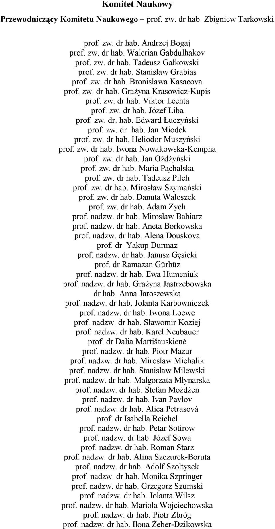 zw. dr hab. Jan Miodek prof. zw. dr hab. Heliodor Muszyński prof. zw. dr hab. Iwona Nowakowska-Kempna prof. zw. dr hab. Jan Ożdżyński prof. zw. dr hab. Maria Pąchalska prof. zw. dr hab. Tadeusz Pilch prof.