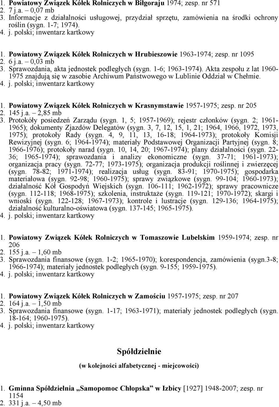 Akta zespołu z lat 1960-1975 znajdują się w zasobie Archiwum Państwowego w Lublinie Oddział w Chełmie. 4. j. polski; inwentarz kartkowy 1.