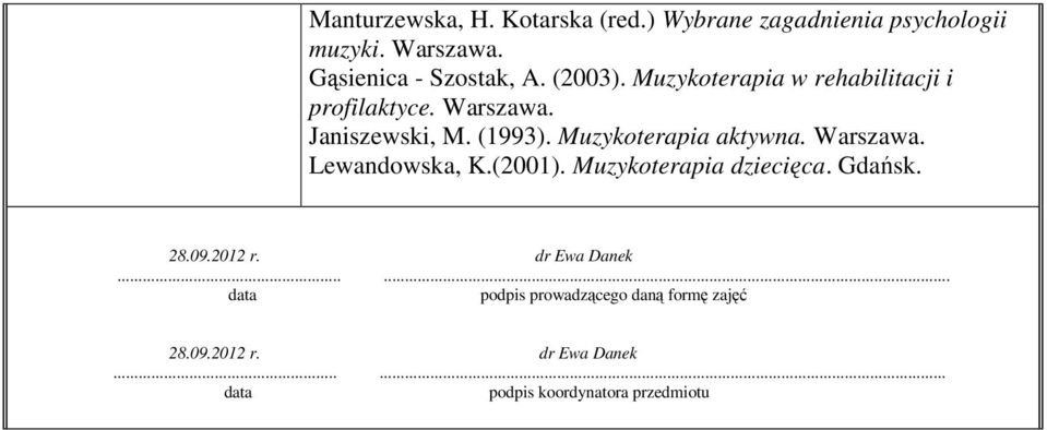 (1993). Muzykoterapia aktywna. Warszawa. Lewandowska, K.(2001). Muzykoterapia dziecięca. Gdańsk. 28.09.