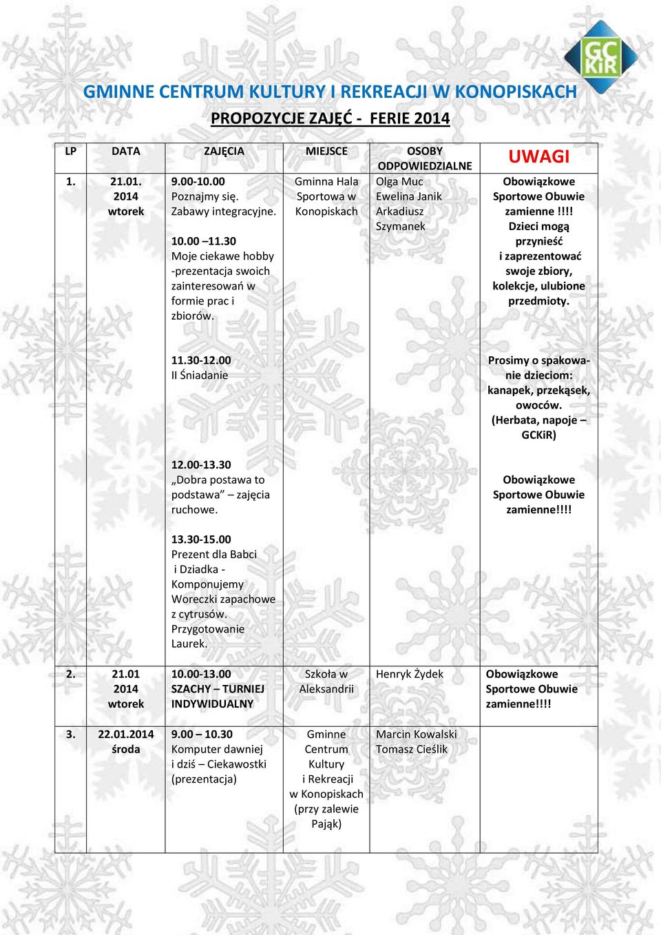 Olga Muc Arkadiusz Szymanek UWAGI Dzieci mogą przynieść i zaprezentować swoje zbiory, kolekcje, ulubione przedmioty. 11.30-12.00 12.00-13.30 Dobra postawa to podstawa zajęcia ruchowe. 13.30-15.