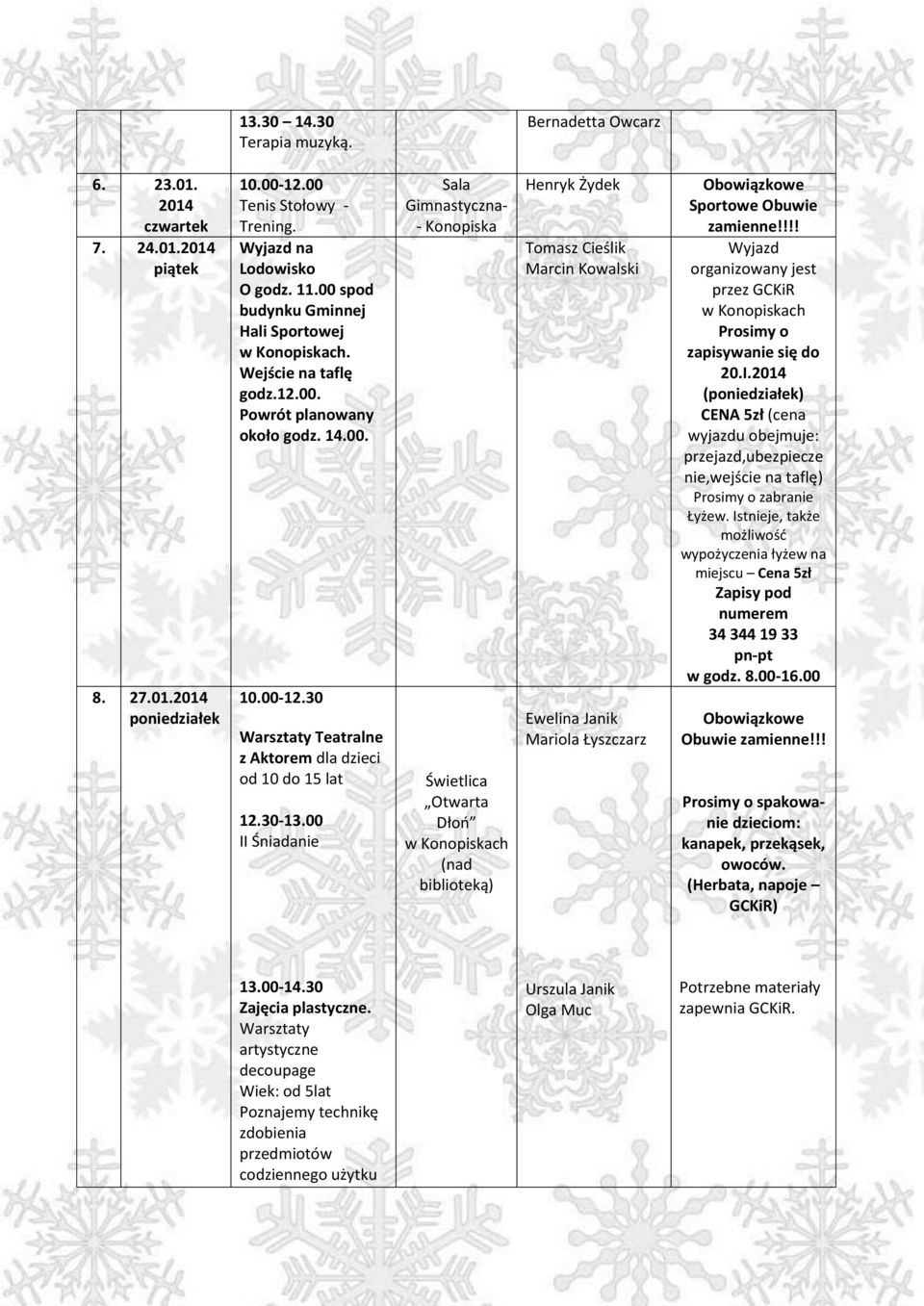 00 Sala Gimnastyczna- - Konopiska Świetlica Otwarta Dłoń (nad biblioteką) Tomasz Cieślik Marcin Kowalski Wyjazd organizowany jest przez GCKiR Prosimy o zapisywanie się do 20.I.