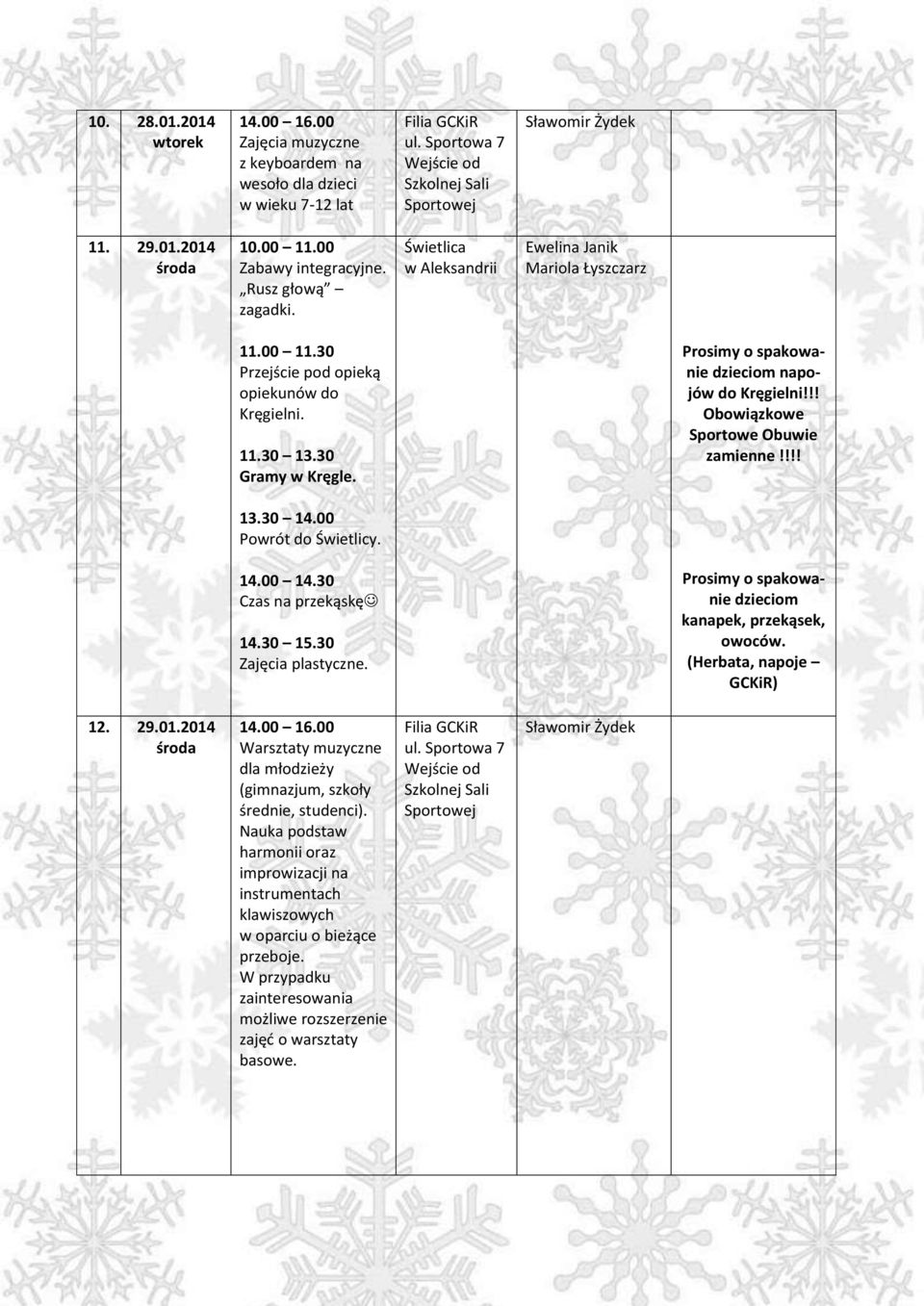 00 Powrót do Świetlicy. 14.00 14.30 Czas na przekąskę 14.30 15.30 Zajęcia plastyczne. dzieciom 12. 29.01.2014 14.00 16.00 Warsztaty muzyczne dla młodzieży (gimnazjum, szkoły średnie, studenci).