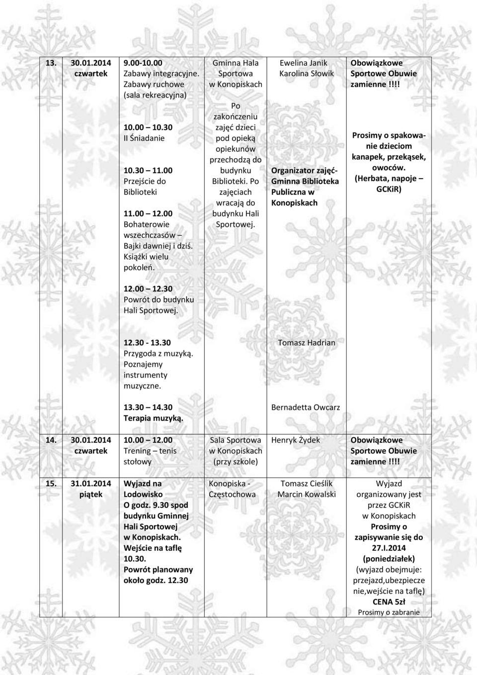 Karolina Słowik Organizator zajęć- Gminna Biblioteka Publiczna w Konopiskach dzieciom 12.00 12.30 Powrót do budynku Hali Sportowej. 12.30-13.30 Przygoda z muzyką. Poznajemy instrumenty muzyczne.